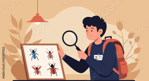 Student Examines Insect Specimens With Magnifying Glass at University Field Trip