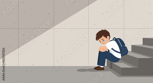 Upset schoolboy sitting alone on steps in hallway feeling sad and alone vector illustration showing mental health problems in young students