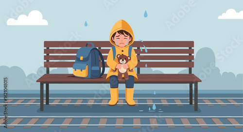 Upset young boy in raincoat sits alone on a bench in the rain waiting for transport