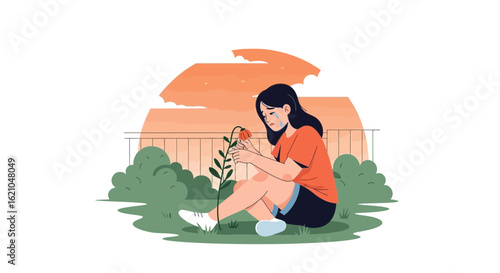 Upset young woman sitting near withered flower expressing sadness and grief concept