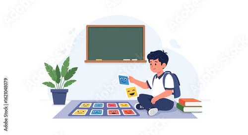 Student Learns About Emotions With Flashcards At Classroom Indoor Scene