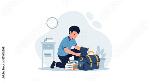 Student Prepares For School Day Packing Books Into Bag With Clock Design