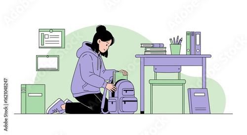 Student Preparing For School Day With Books And Backpack At Home