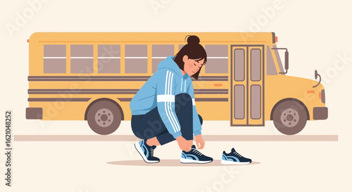 Student Preparing For Journey School Bus Illustration Back To School Concept