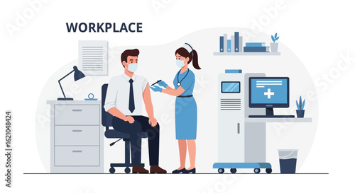 Vaccination At Workplace A Doctor Giving A Covid-19 Vaccine To Employee