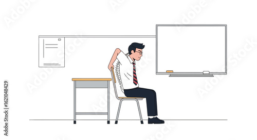 Student Stretches His Back in Classroom While Sitting on His Chair