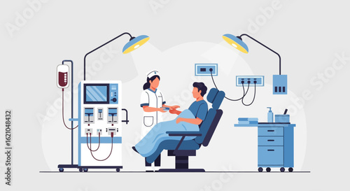 Hemodialysis Treatment In Clinic With Nurse And Patient Monitoring Procedure