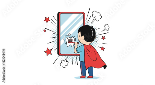 Heroic Hygiene A Young Superhero Brushing His Teeth In Front Of A Mirror