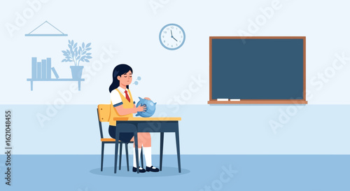 Student Thinking About Financial Hardship In School Classroom And Piggy Bank