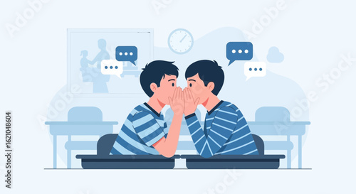 Students Sharing Secrets In Class Cartoon Illustration And Speech Bubbles