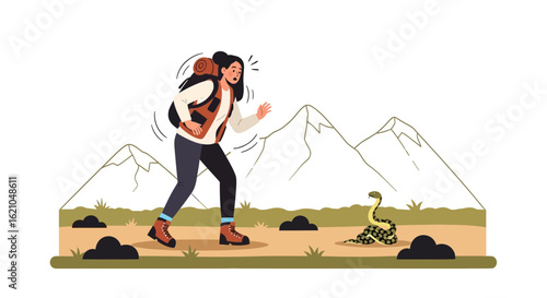Hiking Woman Scared By A Snake During Trekking In The Mountains