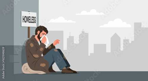 Homeless man crying near building symbolizing urban poverty and social inequality, highlighting the struggles of the dispossessed in modern society