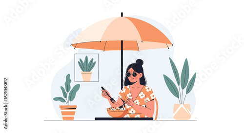 Stylish Woman Enjoys Relaxing Brunch Outdoors Under Umbrella On Summer Day