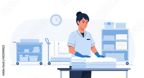 Hotel Staff Preparing Fresh Linens Professionally Managing Laundry Service