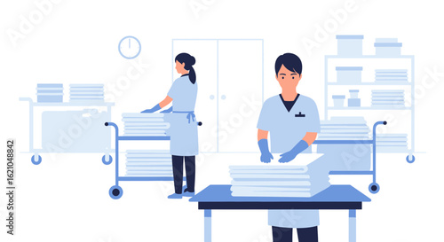 Hotel Staff Sort Freshly Laundered Linens In A Clean Modern Environment
