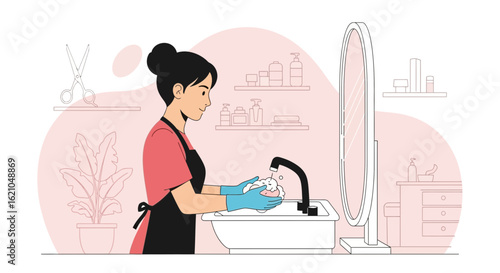 Stylist Washing Hands In A Beauty Salon Sink For Hygiene And Sanitation