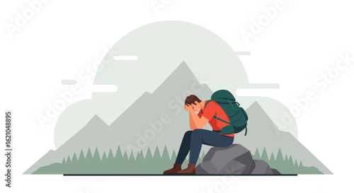 Vector illustration depicting a stressed hiker resting in a mountainous environment