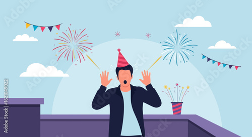 Vector illustration of a man celebrating with fireworks and wearing a birthday party hat outdoors surrounded by festival decorations