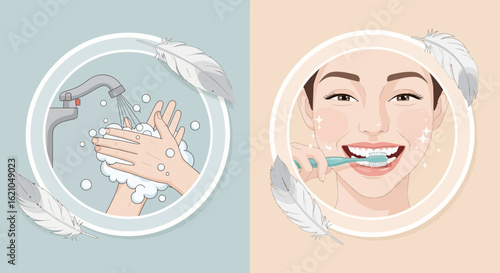 Hygiene Essentials Illustration With Washing Hands And Teeth Brushing Routine