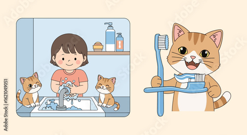 Hygiene Habits For Healthy Lifestyle With Kid Washing Hands And Cat Brushing Teeth