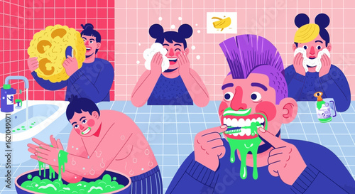 Humorous Hygiene Routine Comic Strip Characters in Bathroom Fun