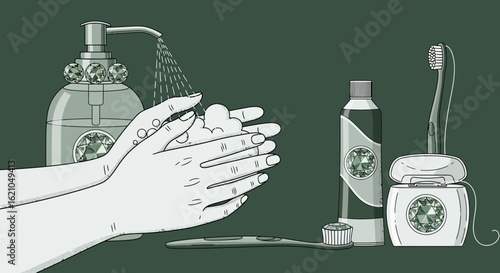 Hygienic Habits Illustrated Concept Demonstrating Handwashing with Soap, Toothpaste and Dental Floss