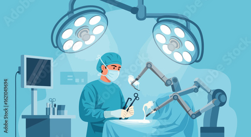 Surgeon Operating With Advanced Robotic Assistance In A Modern Operating Room