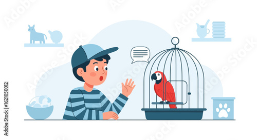 Surprised boy interacts with his red macaw parrot in a cage vector illustration