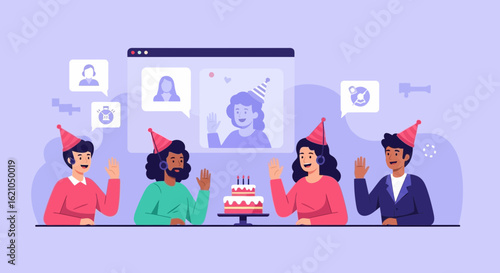 Virtual Birthday Celebration With Diverse Group Attending Via Video Call