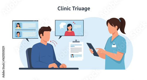 Virtual Clinic Triage Telemedicine With Online Consultation Doctor and Patient Concept