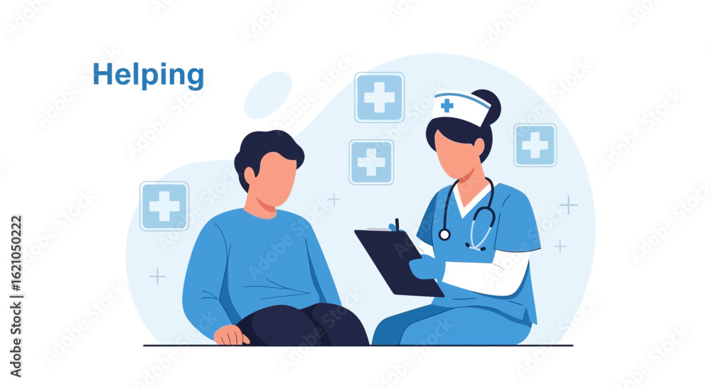 Illustration depicting a nurse helping a patient with healthcare assistance and medical support Illustration depicting a nurse helping a patient with healthcare assistance and medical support
