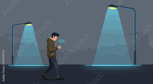 Illustration depicting a man using his smartphone while walking at night in the city