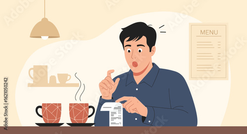 Surprised man looking at a restaurant bill expressing shock over high prices inside a coffee shop or cafe during his visit