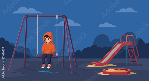 Illustration depicting a sad child alone at night on a playground swing showing emotional distress and solitude
