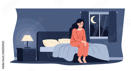Illustration depicting a sad woman sitting on her bed alone at night feeling anxious