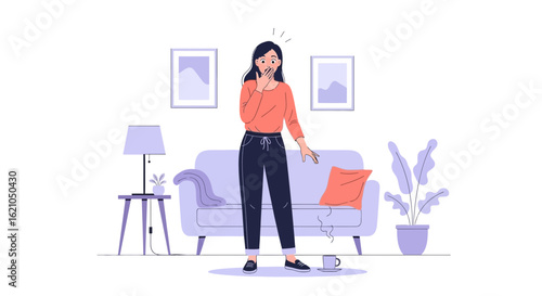 Surprised Woman Spilling Coffee In Living Room With Simple Furnishings