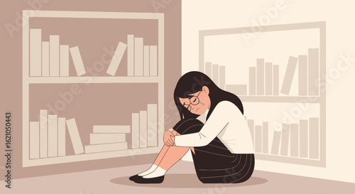 Illustration depicting a sad woman near bookshelves symbolizing educational pressure