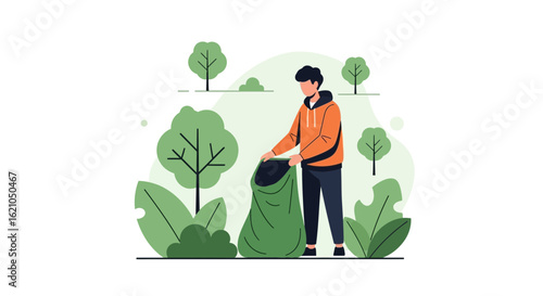 Volunteer Collects Trash In Park For Environmental Cleaning Activity Illustration