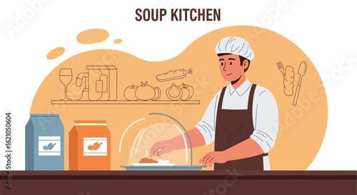 Volunteer in soup kitchen prepares meal for needy community members illustation
