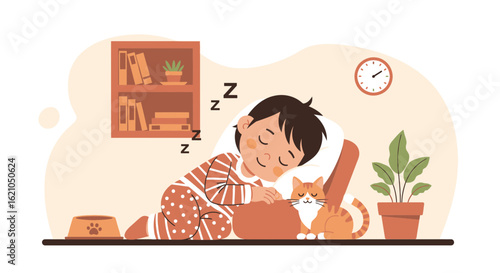 Sweet Slumber A Boy Peacefully Sleeping With His Cat In A Cozy Room