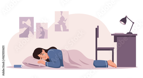 Illustration depicting a woman sleeping in her bedroom with desk and wall art adding to the ambiance of the room
