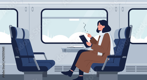 Illustration depicting a woman traveling by train and writing in her notebook Winter journey scene in a train carriage