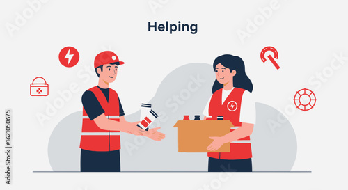 Volunteer team working together to provide assistance and support cartoon illustration
