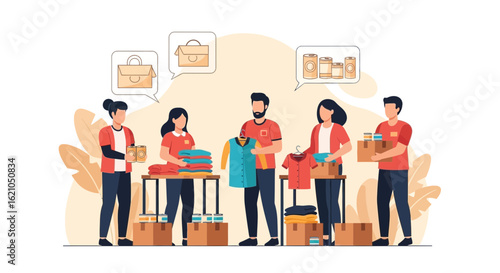 Volunteers Gathering Clothes And Canned Food For Charity Organization Drive