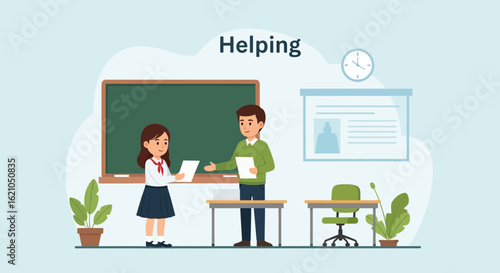 Teacher Assists Young Student With Assignments In Classroom Setting Flat Illustration