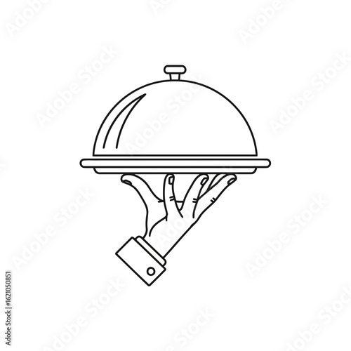 Vector icon of line art illustration of a hand in a suit cuff holding a serving tray with a covered cloche, symbolizing food service, isolated on white background