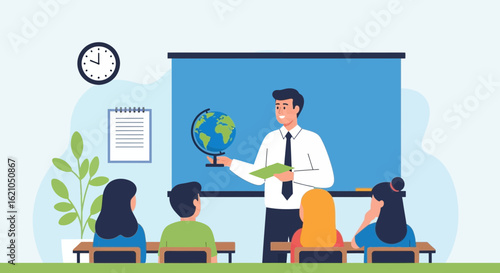 Teacher explaining geography to students in the classroom with globe and clock illustration