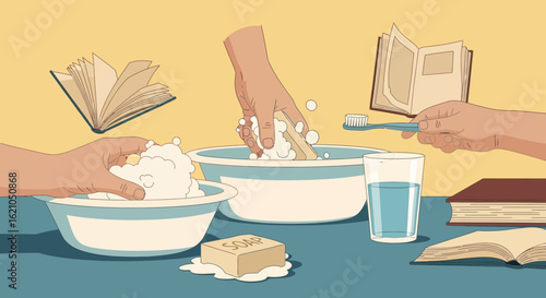 Illustration Depicting Cleaning Rituals And Hygiene Practices With Vintage Charm