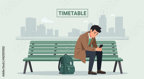 Waiting Commuter Using Mobile Phone App At Train Station Platform