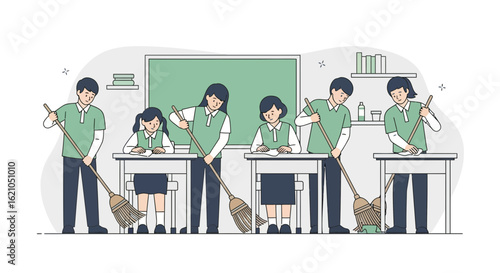 Illustration depicting students cleaning a classroom, showing responsibility and teamwork, education theme